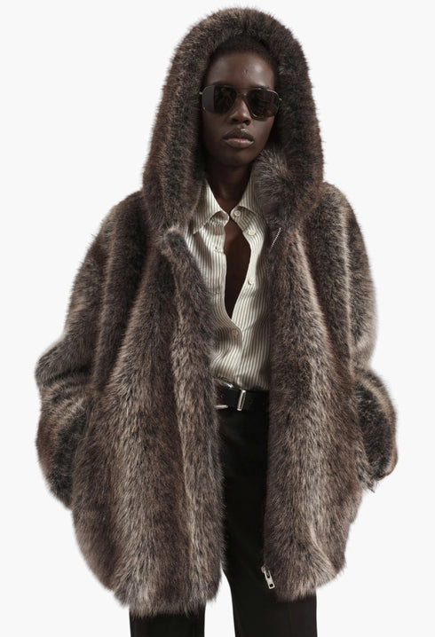 Emma Faux Fur Hooded Jacket - Brown Melange